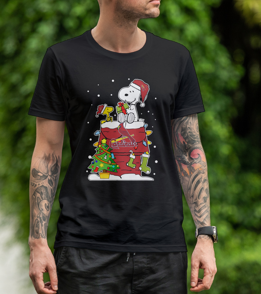 St. Louis Cardinals Snoopy Christmas Celebration With Woodstock And Festive Tree T-Shirt