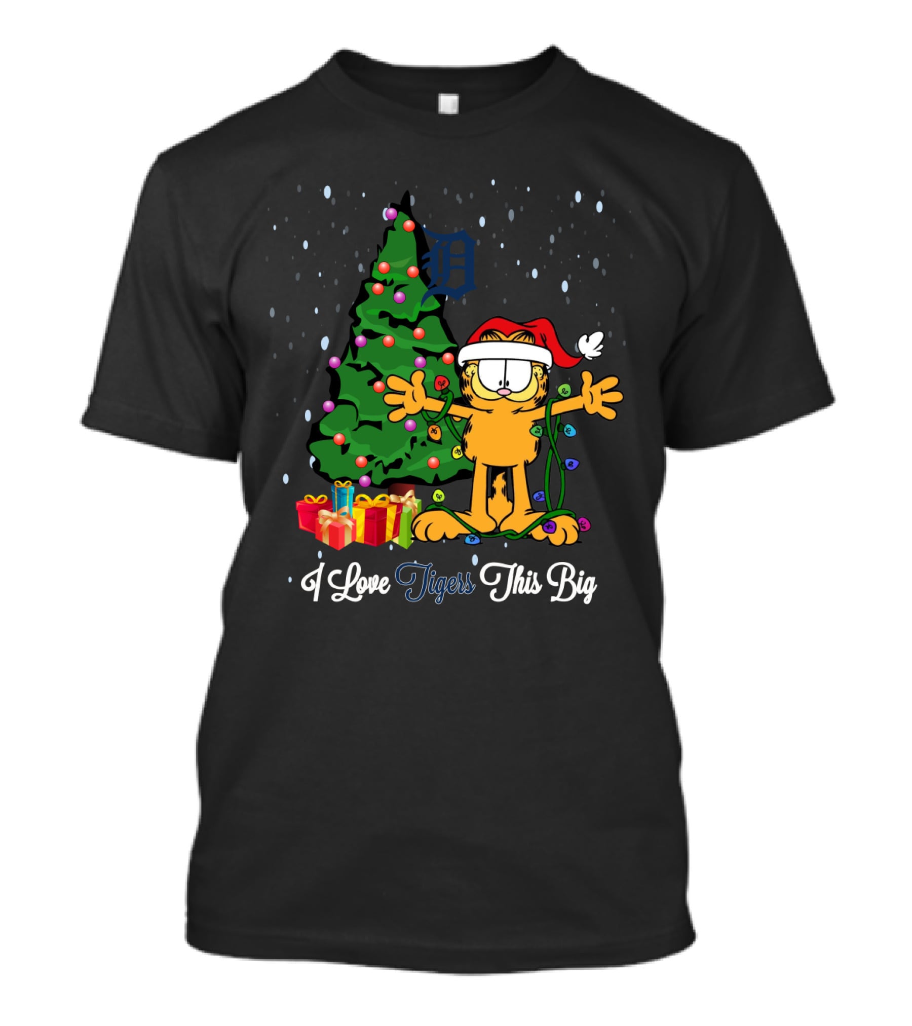 I Love Tigers This Big Xmas Garfield Cat Detroit Tigers Fans Christmas Tree T-Shirt