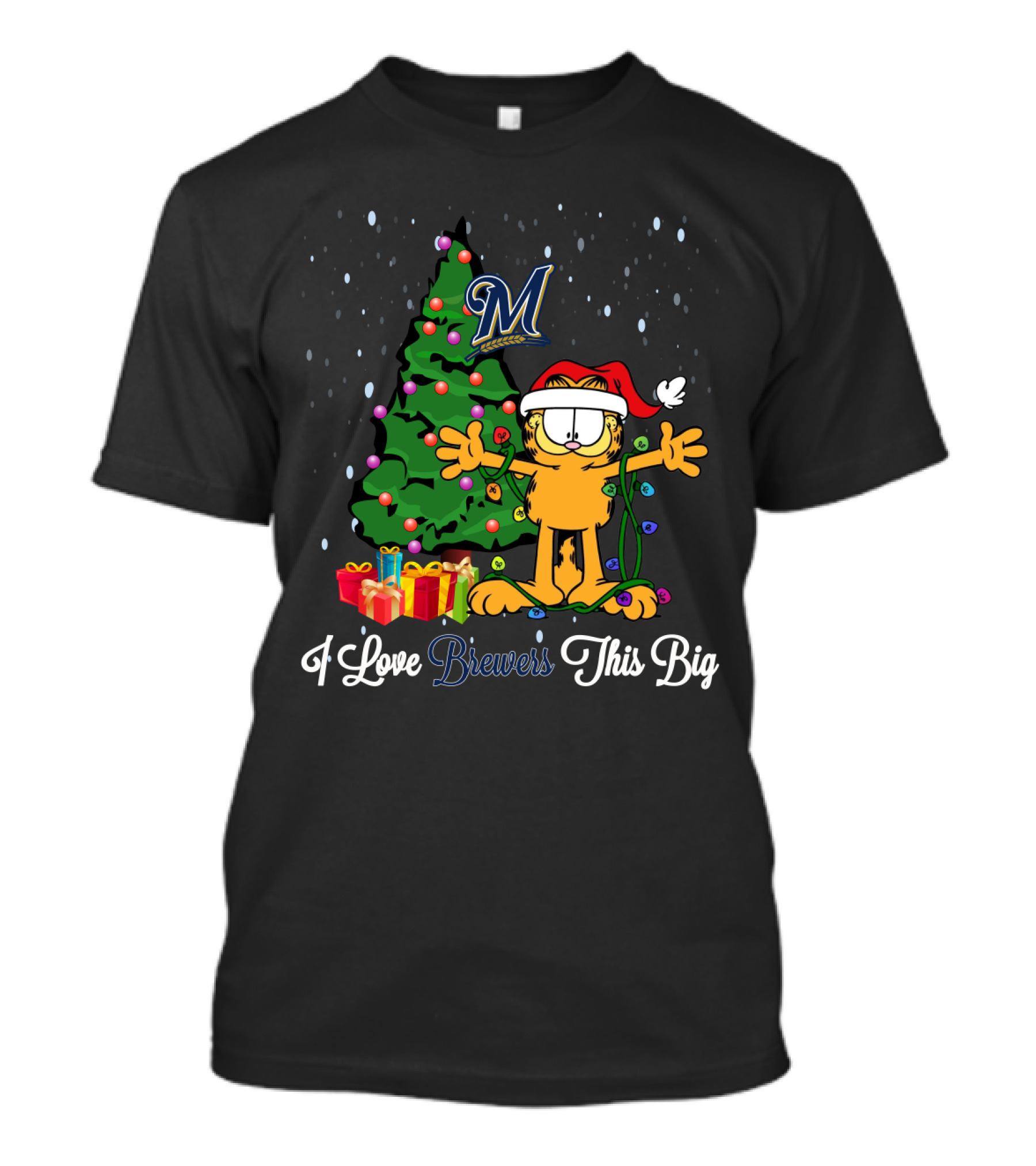 Milwaukee Brewers Xmas With Garfield I Love Brewers This Big Christmas Tree And Gifts T-Shirt