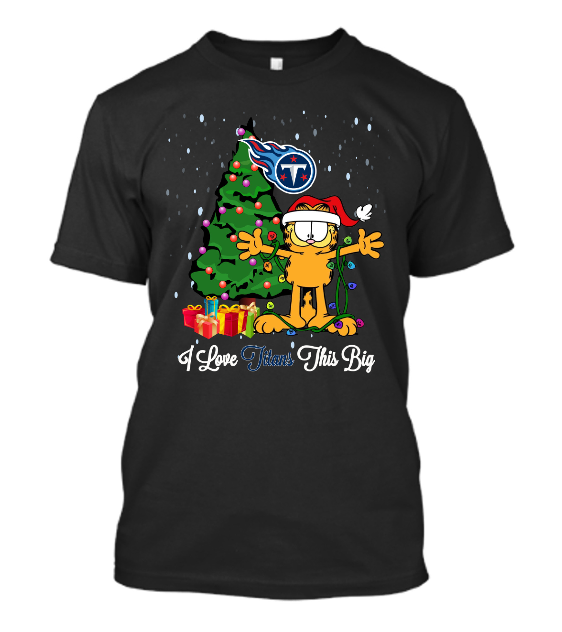 I Love Titans This Big Xmas Garfield Cat Tennessee Titans Fans Holiday Tree Santa Hat T-Shirt