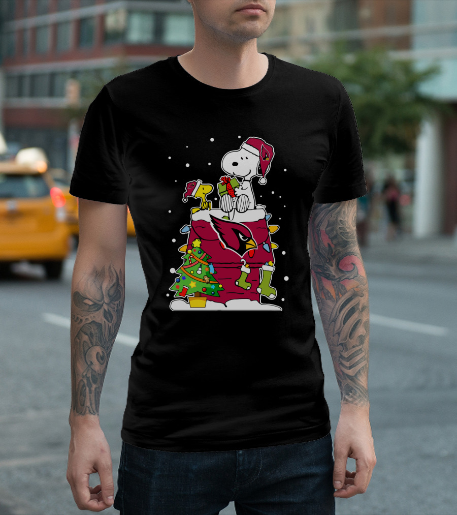 Arizona Cardinals Snoopy Christmas Celebration With Woodstock And Santa Hat T-Shirt