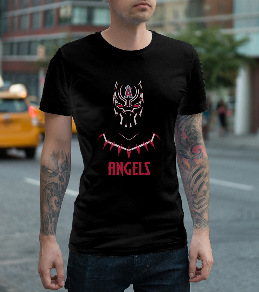Los Angeles Angels Fans with Black Panther Inspired Mask and Iconic Necklace T-Shirt