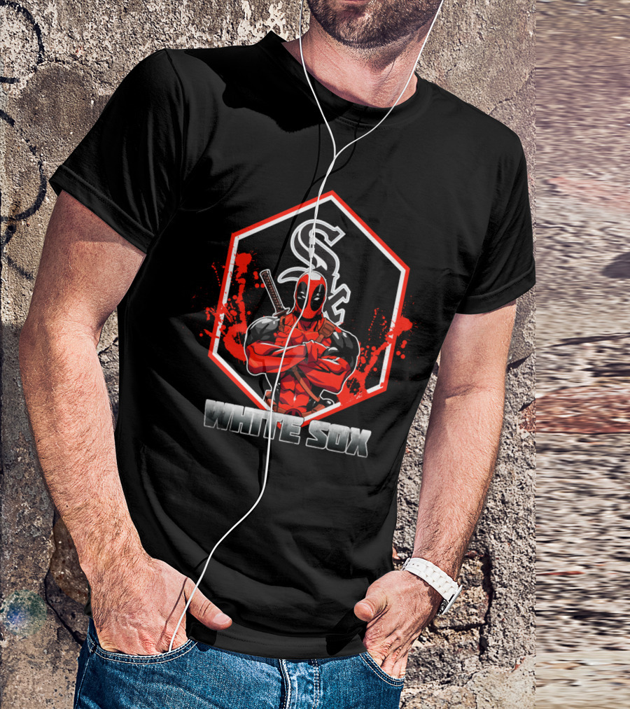 Deadpool And Chicago White Sox Fan Crossover Featuring Sox Logo And White Sox T-Shirt