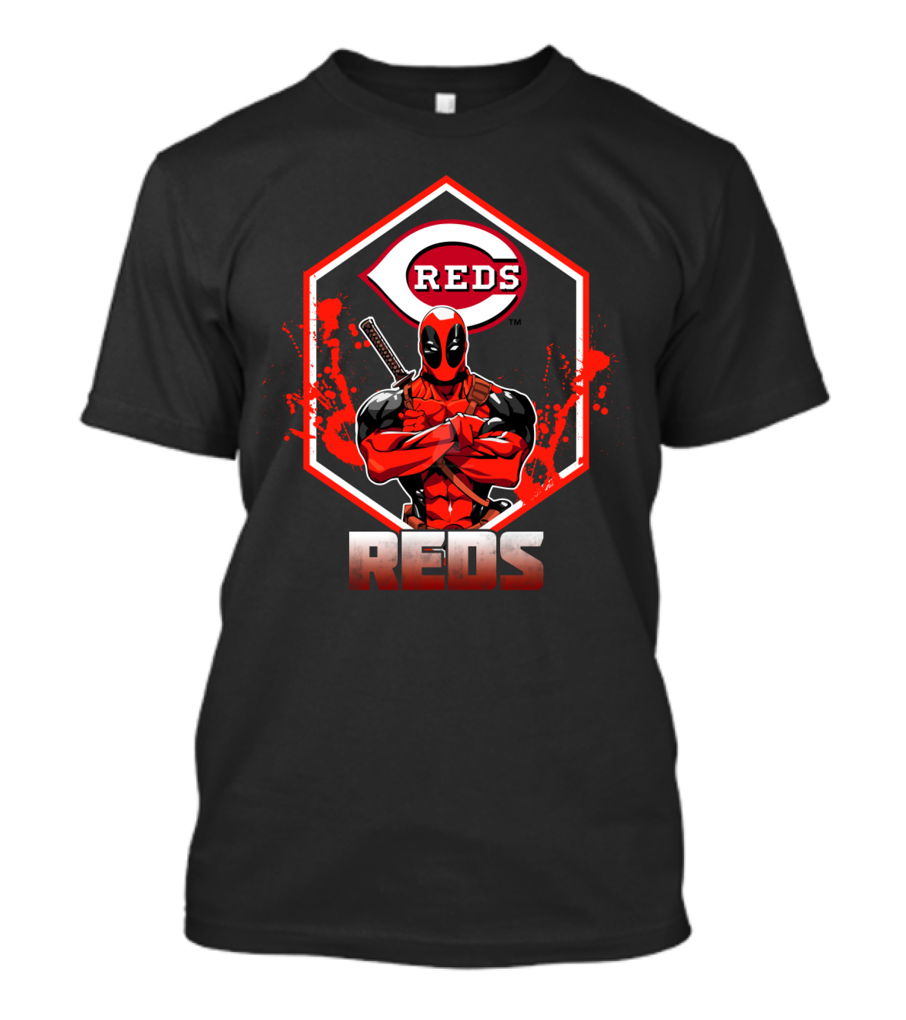 Deadpool With Cincinnati Reds Logo And Sword-Crossed Arms In Iconic Red And Black T-Shirt