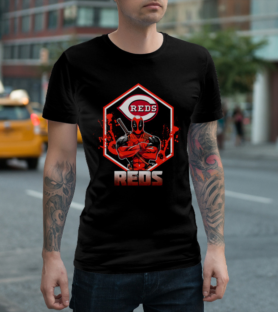 Deadpool with Cincinnati Reds Logo and Sword-Crossed Arms in Iconic Red and Black T-Shirt