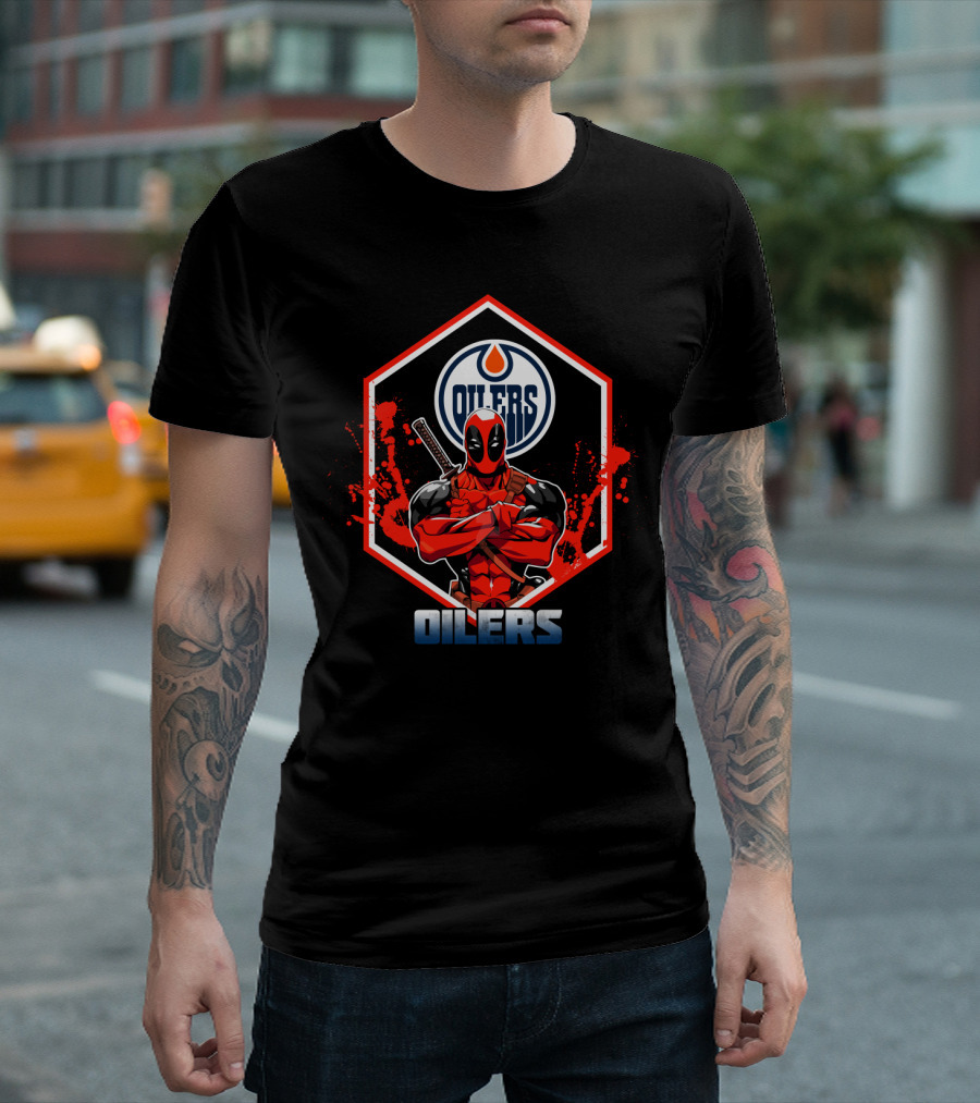 Deadpool Edmonton Oilers Fans Logo Crossover T-Shirt
