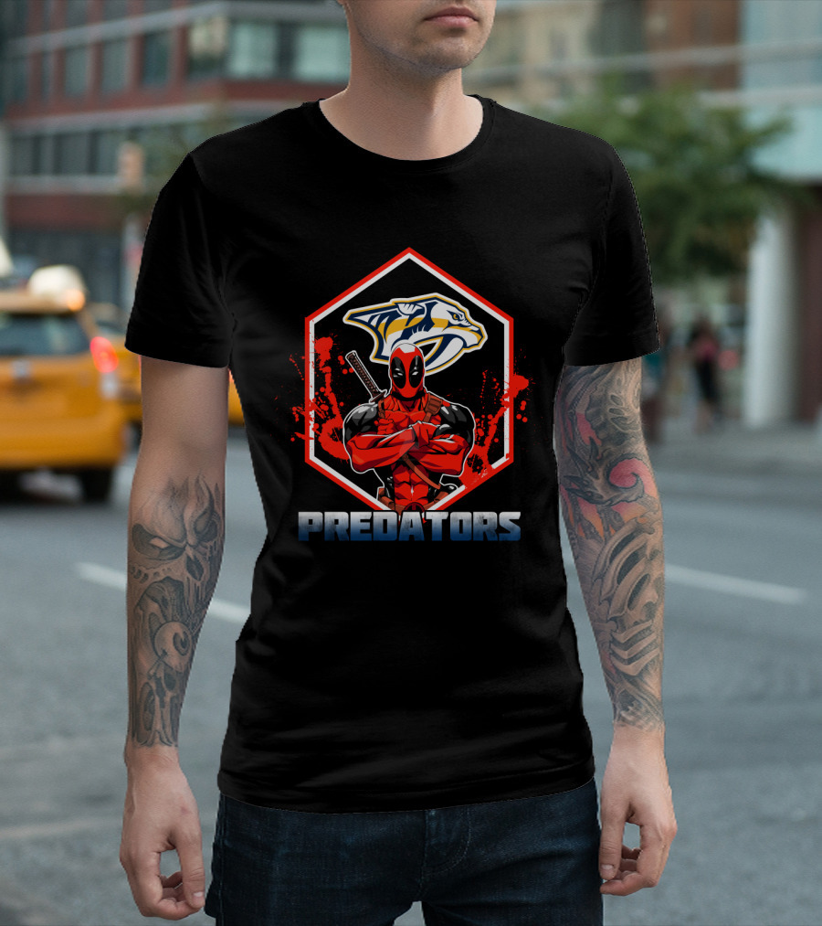Deadpool Crossing Arms in Front of Nashville Predators Logo with Red Splatter Background T-Shirt