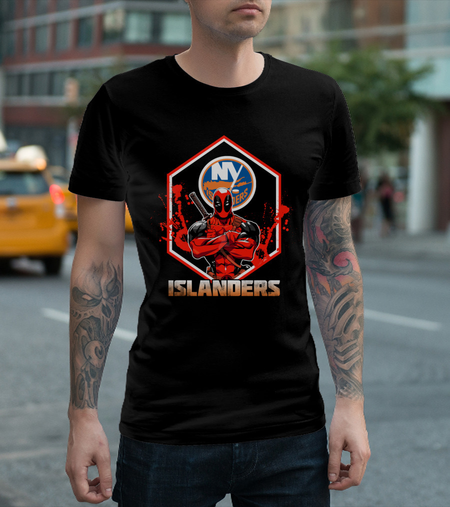 Deadpool NY Islanders Crossover Fan Art with Hockey and Comic Book Themes T-Shirt