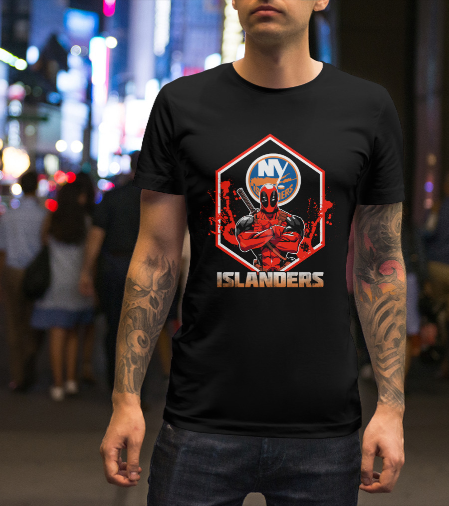 Deadpool NY Islanders Crossover Fan Art With Hockey And Comic Book Themes T-Shirt