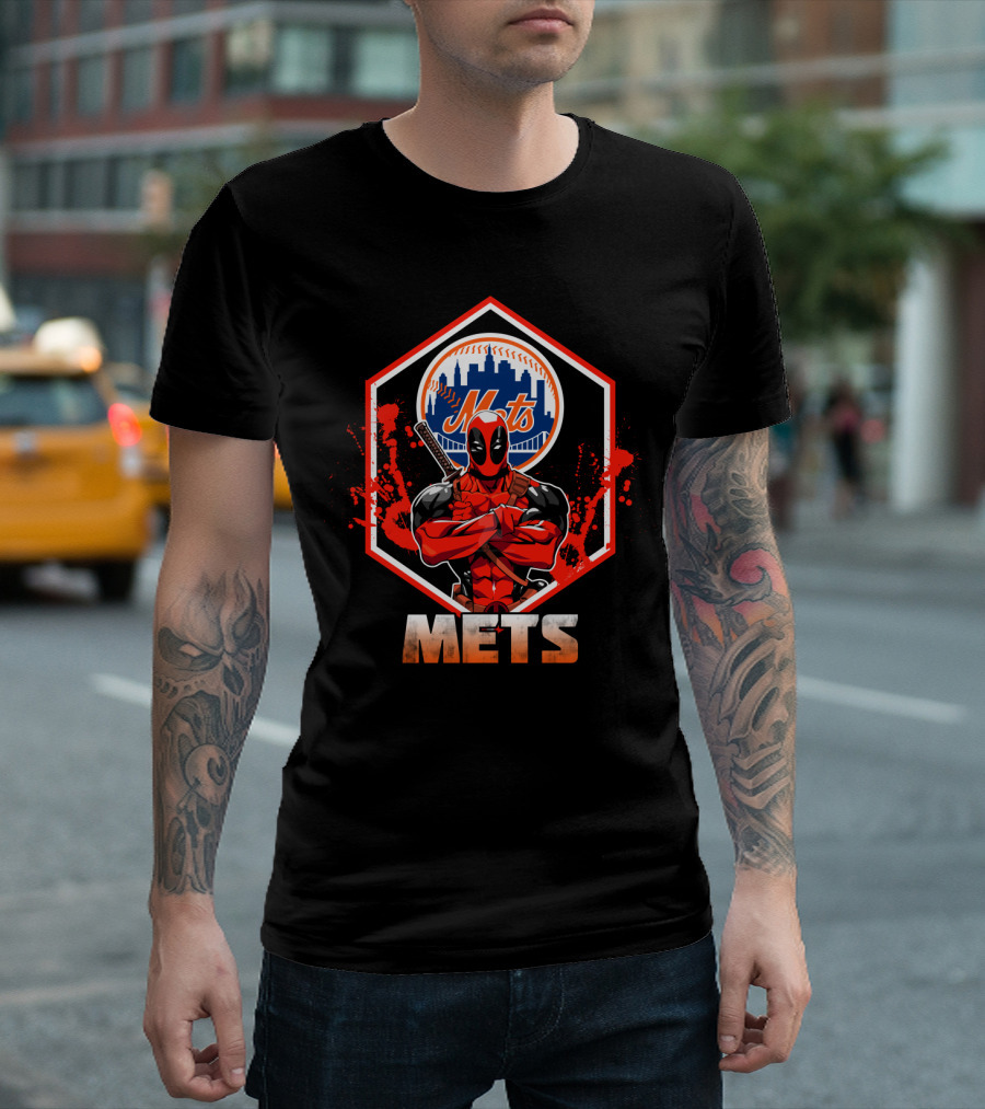 Deadpool Mets Crossover Featuring Iconic New York Baseball T-Shirt