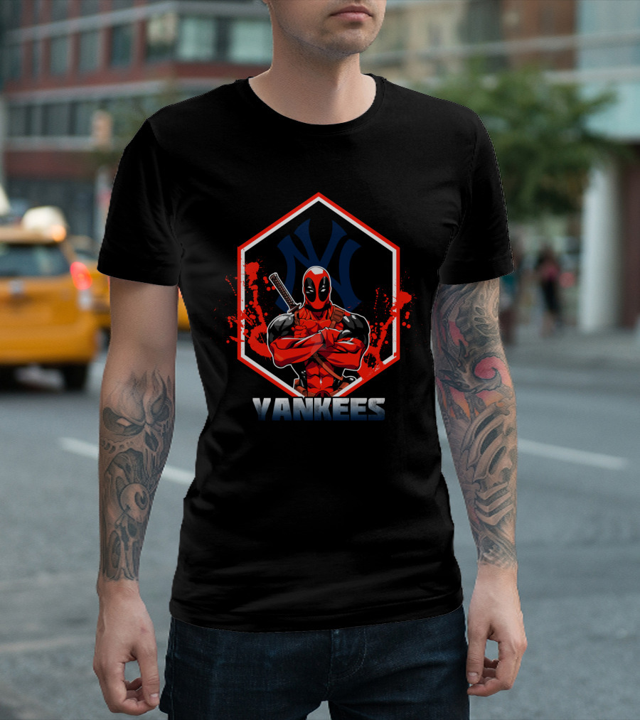 Deadpool Yankees Mashup Fan Art with Logo and Iconic Character T-Shirt