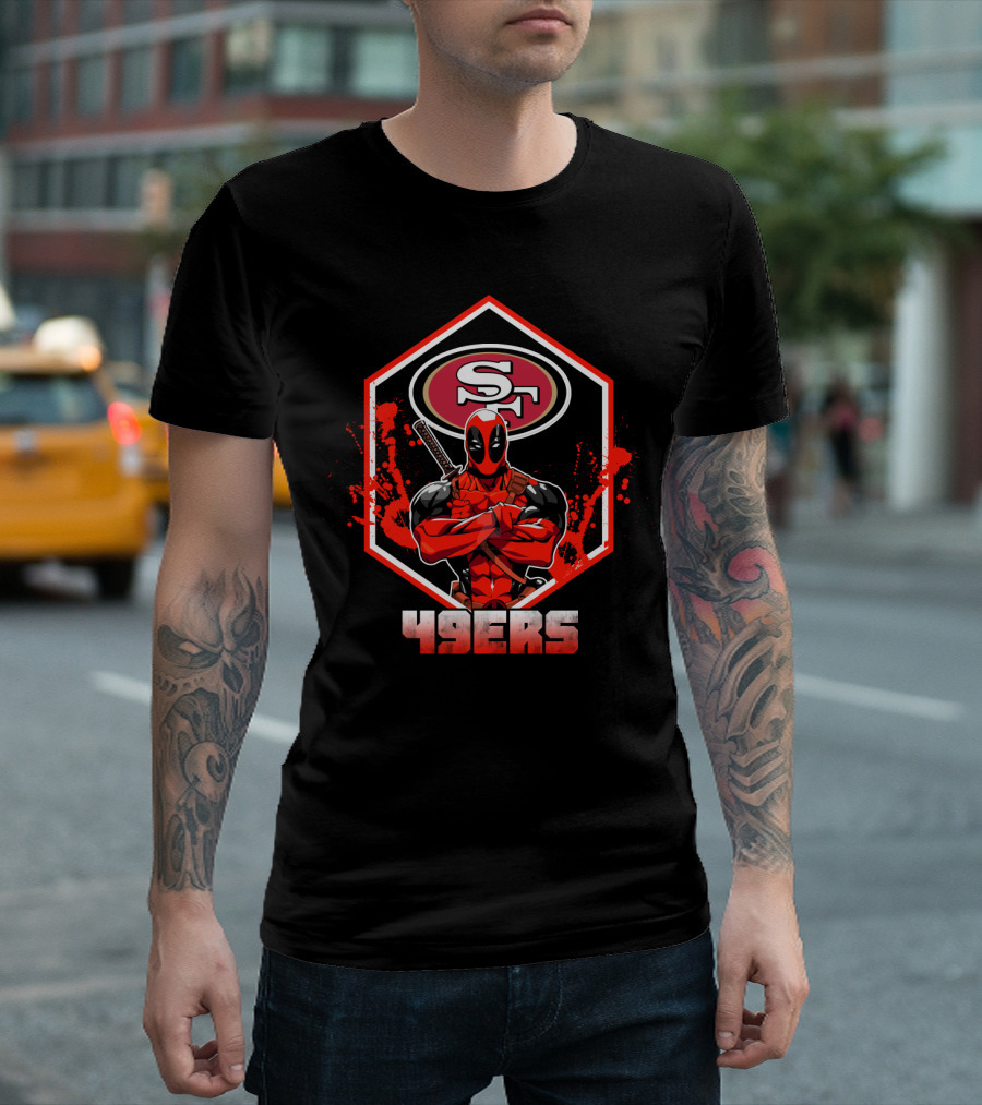 Deadpool Crossing Arms In Front Of San Francisco 49ers Logo With 49ers T-Shirt