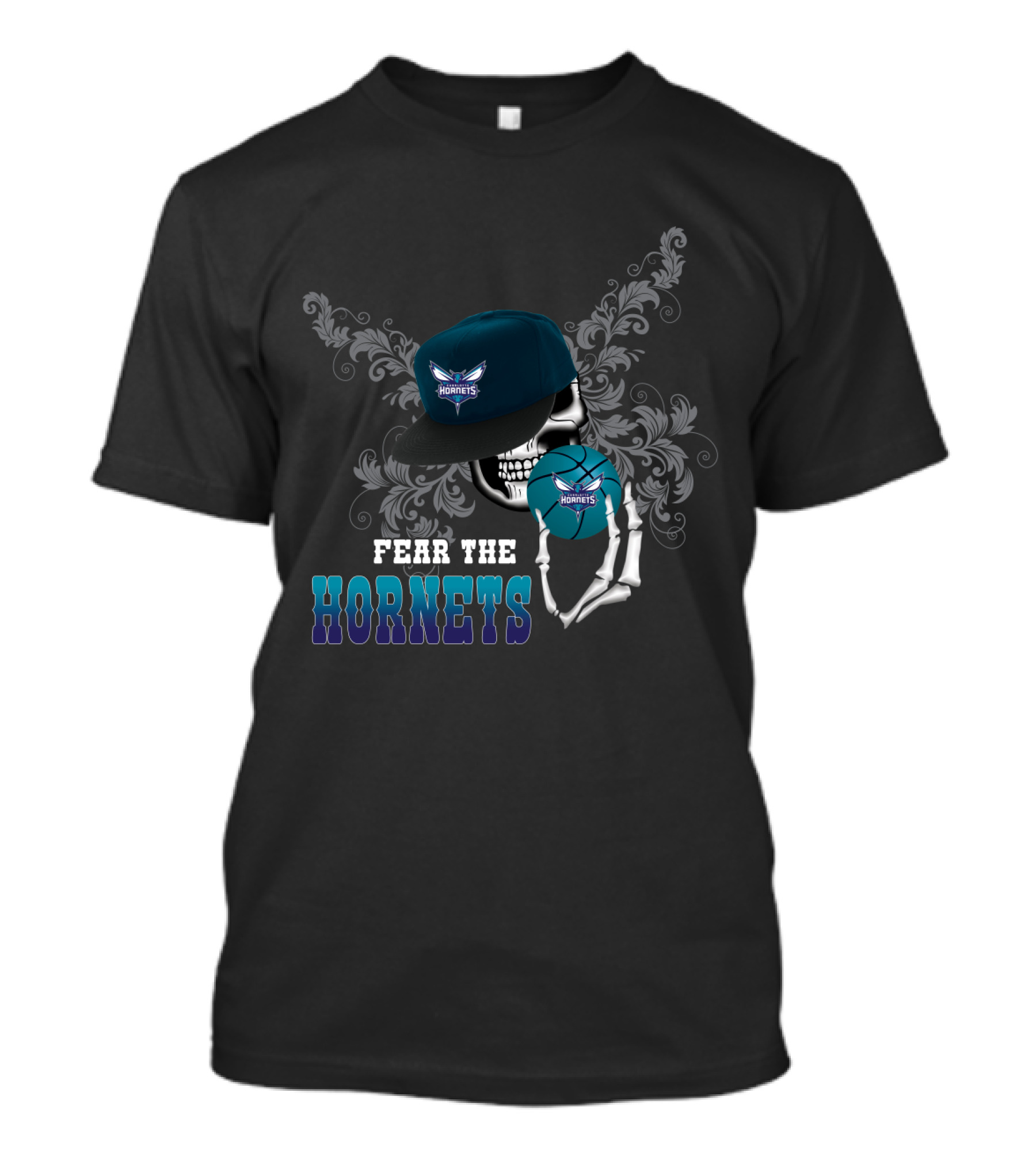 Fear The Hornets Skull Skeleton Cap Basketball Fans T-Shirt