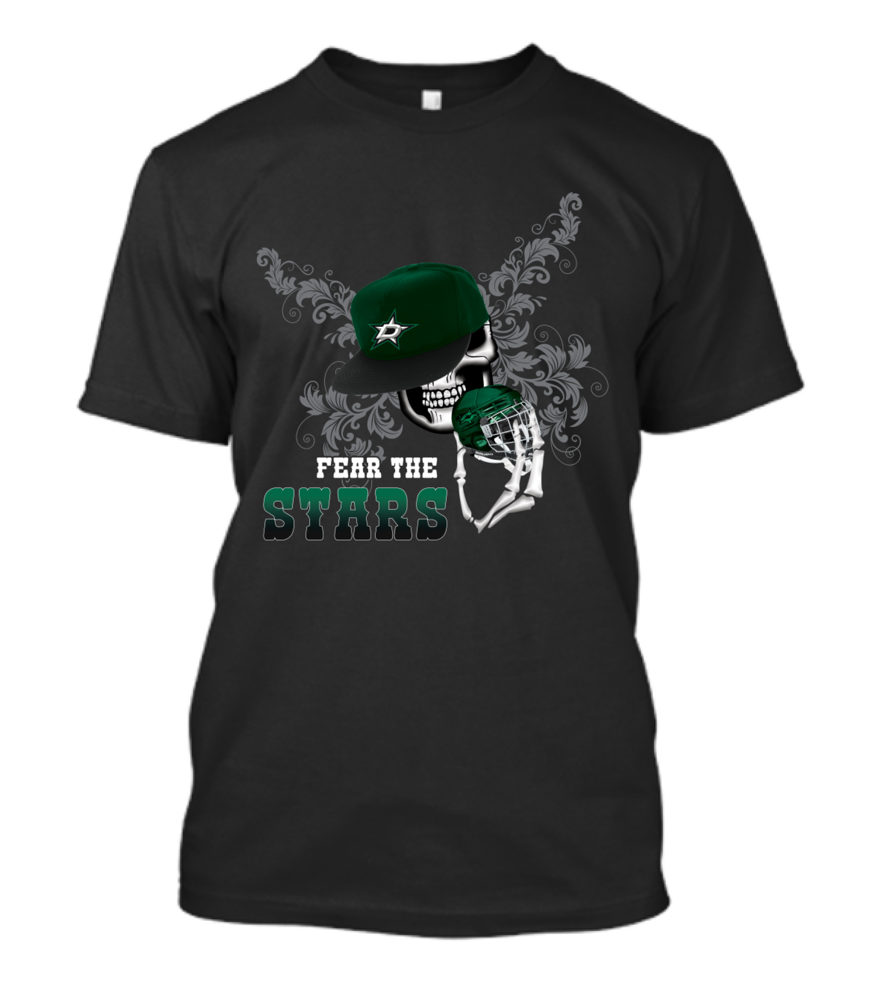 Fear The Dallas Stars Hockey Skull With Cap And Helmet T-Shirt