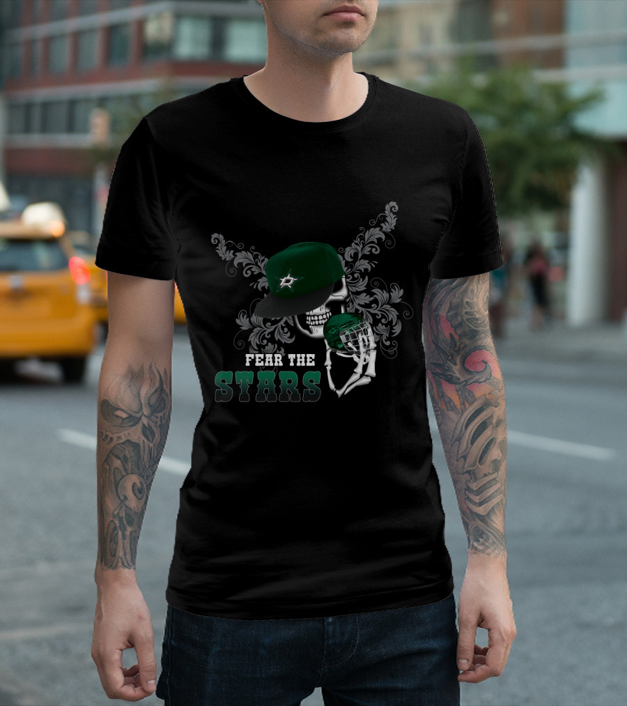 Fear The Dallas Stars Hockey Skull With Cap And Helmet T-Shirt