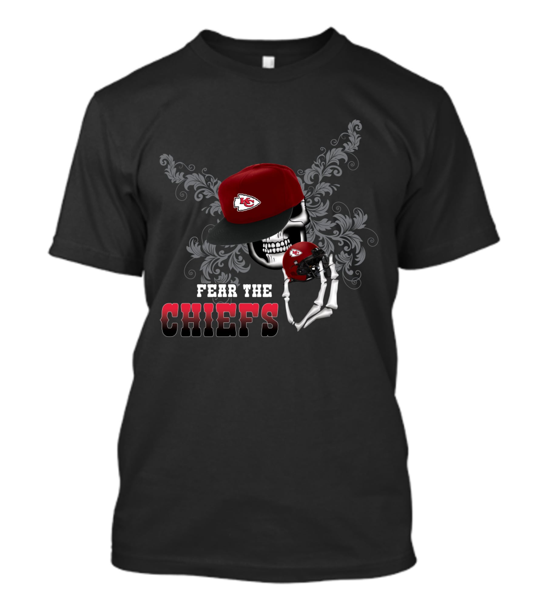 Fear The Chiefs Skull With Kansas City Helmet And Cap T-Shirt
