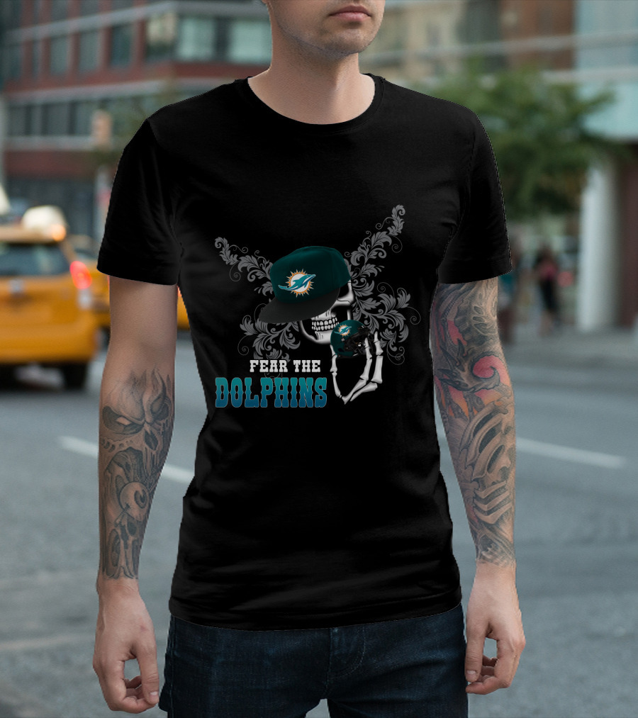 Fear The Dolphins Miami Skull With Helmet And Cap T-Shirt