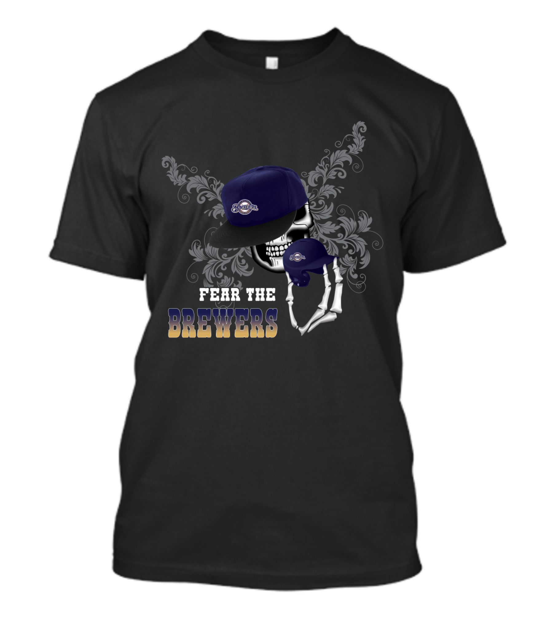 Skull And Floral Design With Blue Cap And Baseball: Fear The Brewers T-Shirt