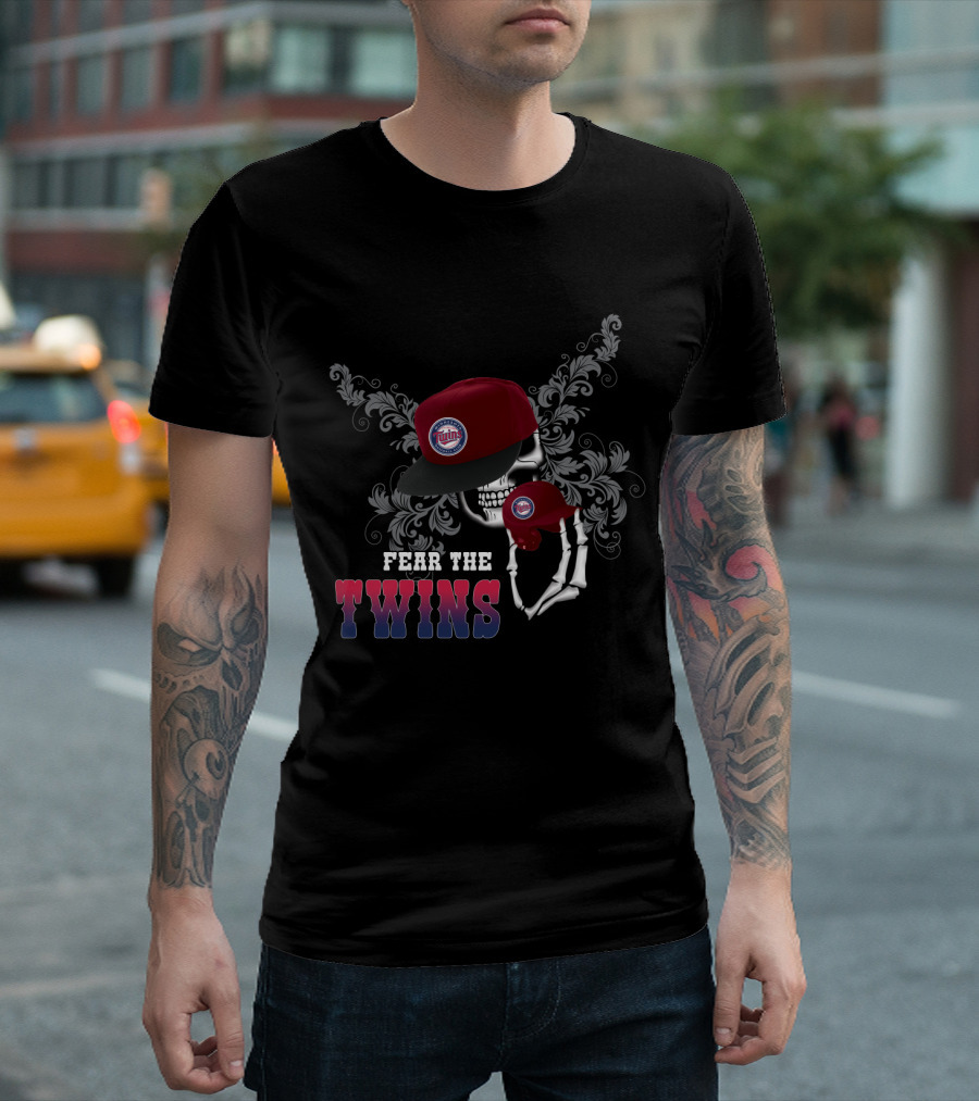 Fear the Twins Skull Design with Cap and Ornament Background T-Shirt