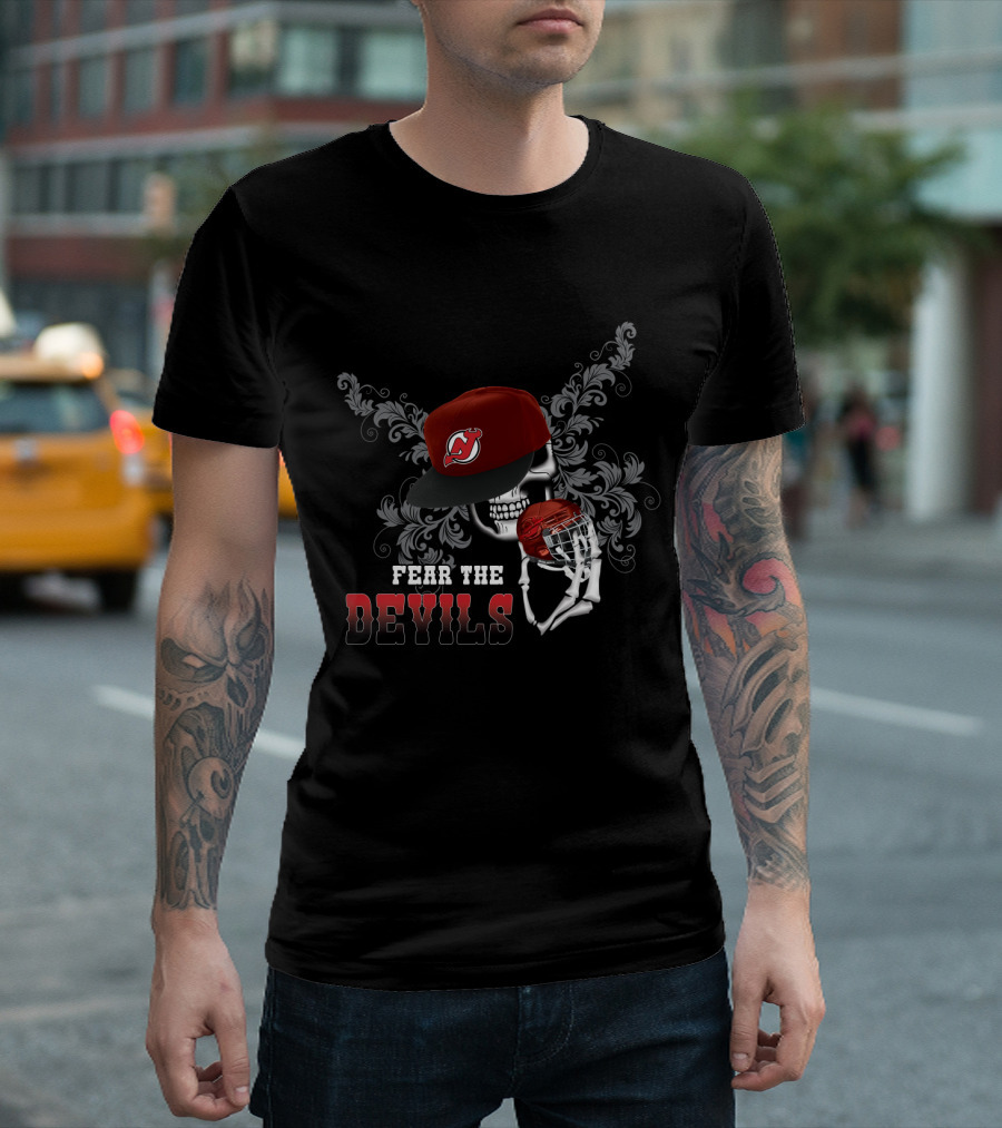Fear The Devils Skull with New Jersey Devils Cap and Hockey Helmet T-Shirt