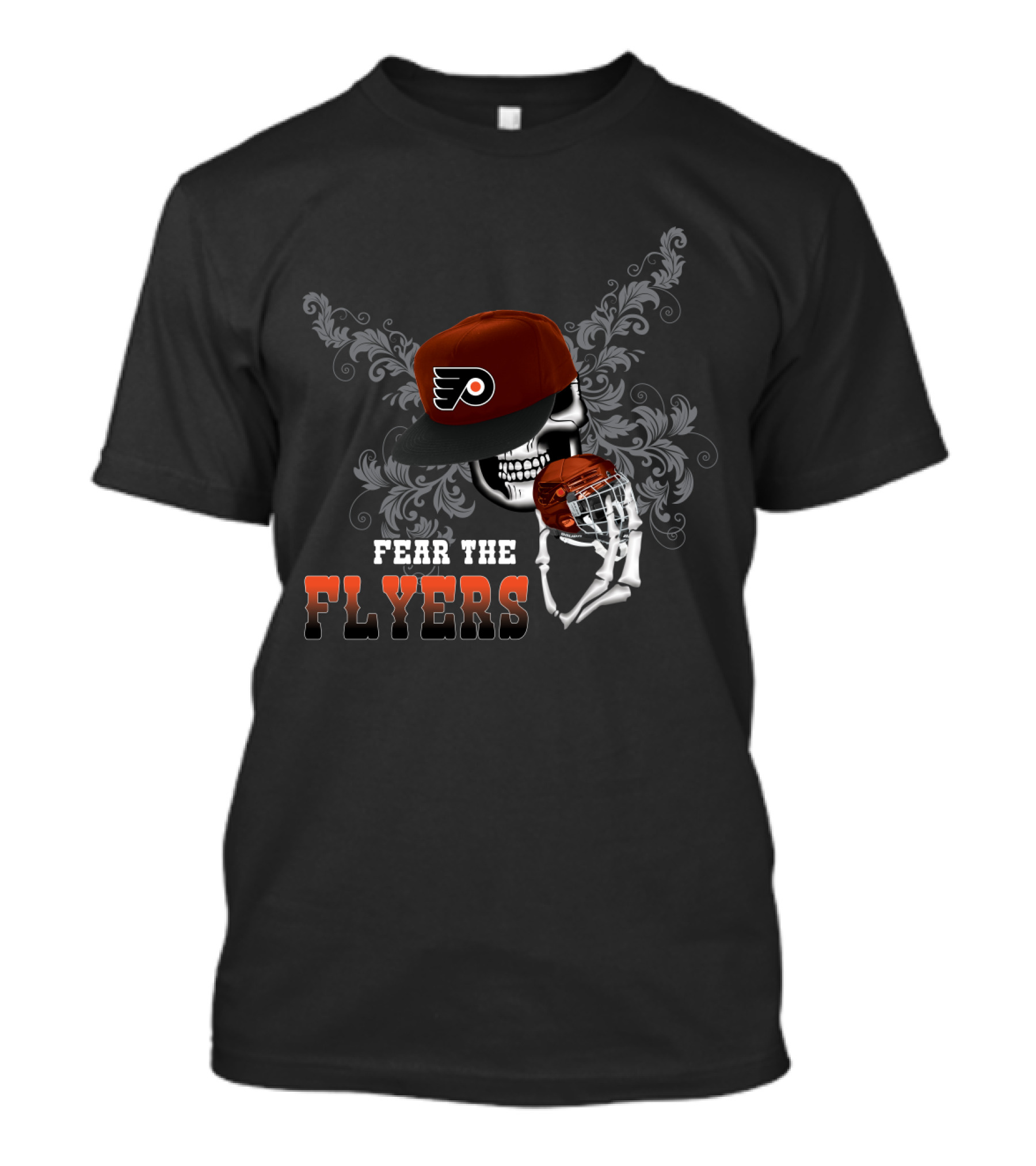 Fear The Philadelphia Flyers Skull With Hockey Helmet And Cap T-Shirt