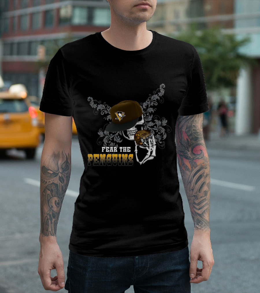 Pittsburgh Penguins Skull Holding Helmet with Logo and Fear The Penguins Text T-Shirt