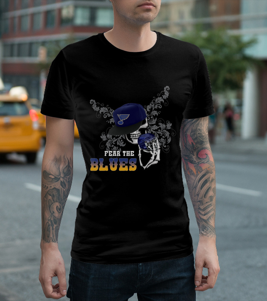 Fear The St. Louis Blues Skull With Hockey Helmet And Cap T-Shirt