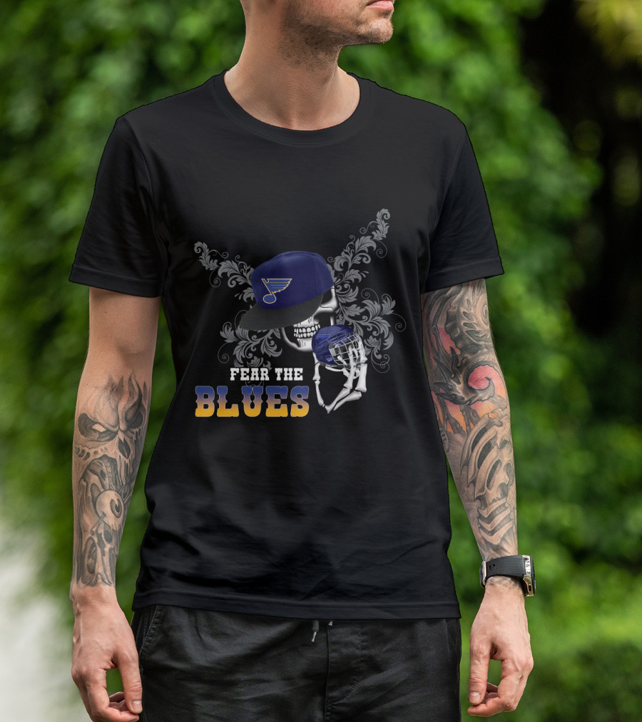 Fear The St. Louis Blues Skull With Hockey Helmet And Cap T-Shirt