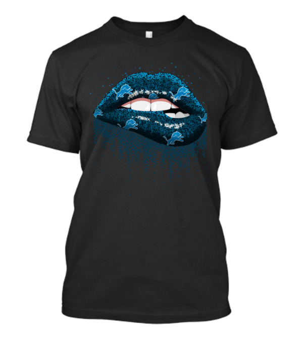Glitter Lips Featuring Detroit Lions Blue And Iconic Team Symbols For Fans T-Shirt
