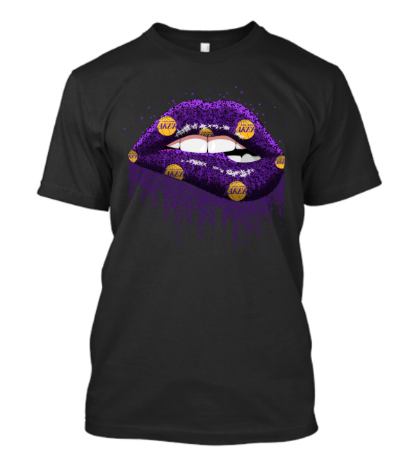 Glitter Purple Lips Decorated With Los Angeles Lakers Basketball Logos For Fans T-Shirt