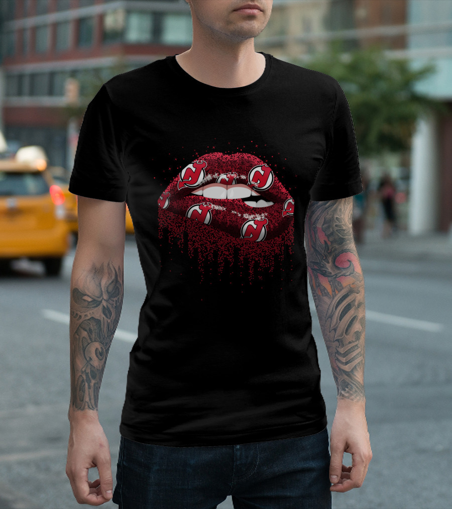 New Jersey Devils Glitter Lips Fan Art with Team Logo T-Shirt
