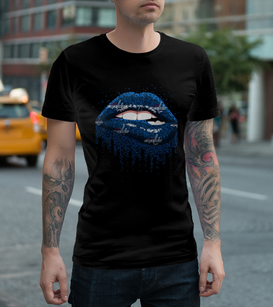 Blue Glitter Lips with Washington Capitals Logo for Fans T-Shirt