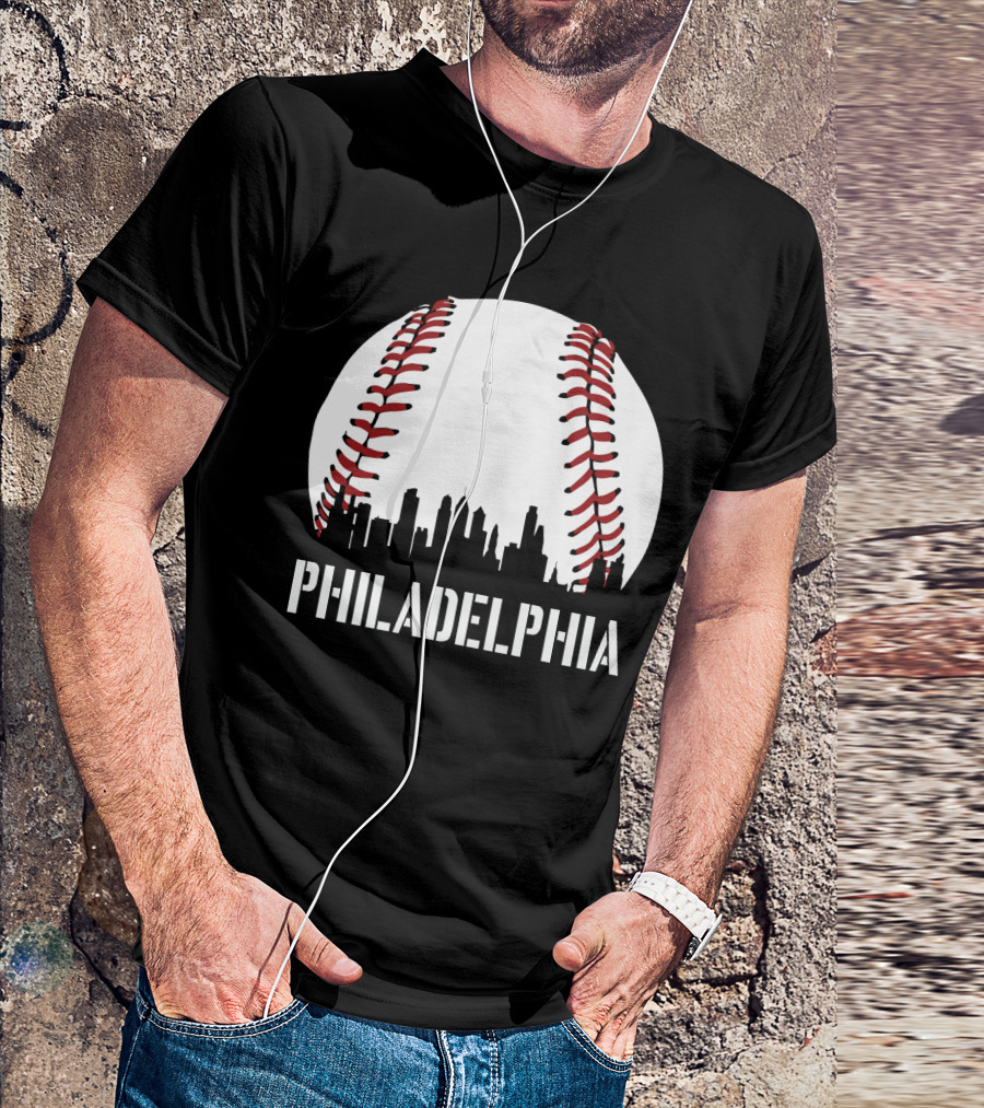 Philadelphia Skyline Baseball Stitching Downtown Philly T-Shirt