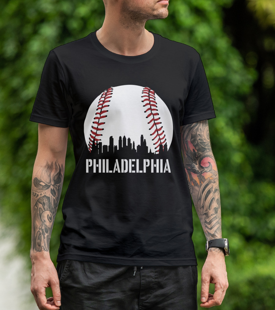 Philadelphia Skyline Baseball Stitching Downtown Philly T-Shirt