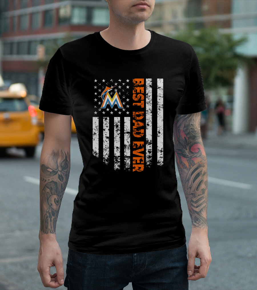 Best Dad Ever Miami Marlins Logo With Patriotic Flag Stripes T-Shirt