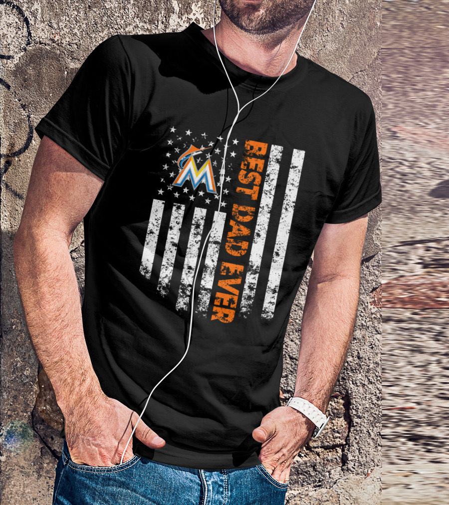 Best Dad Ever Miami Marlins Logo With Patriotic Flag Stripes T-Shirt