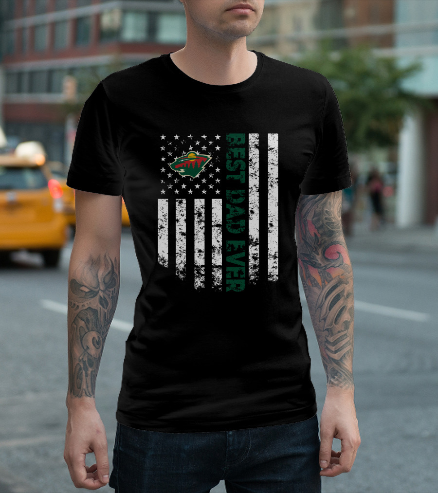 Minnesota Wild Best Dad Ever Vintage American Flag Stripes T-Shirt