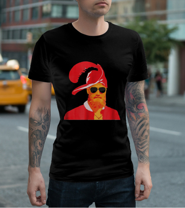 Fitzmagic Pirate Santa With Sunglasses Iconic Beard Red Feather Hat T-Shirt