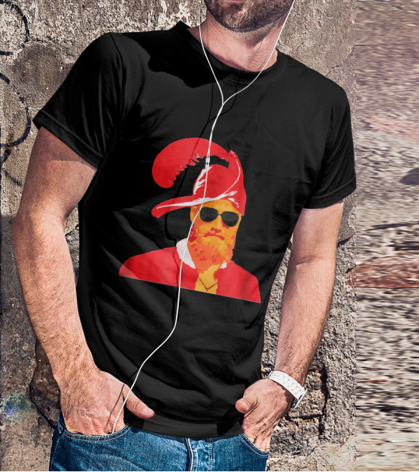 Fitzmagic Pirate Santa With Sunglasses Iconic Beard Red Feather Hat T-Shirt