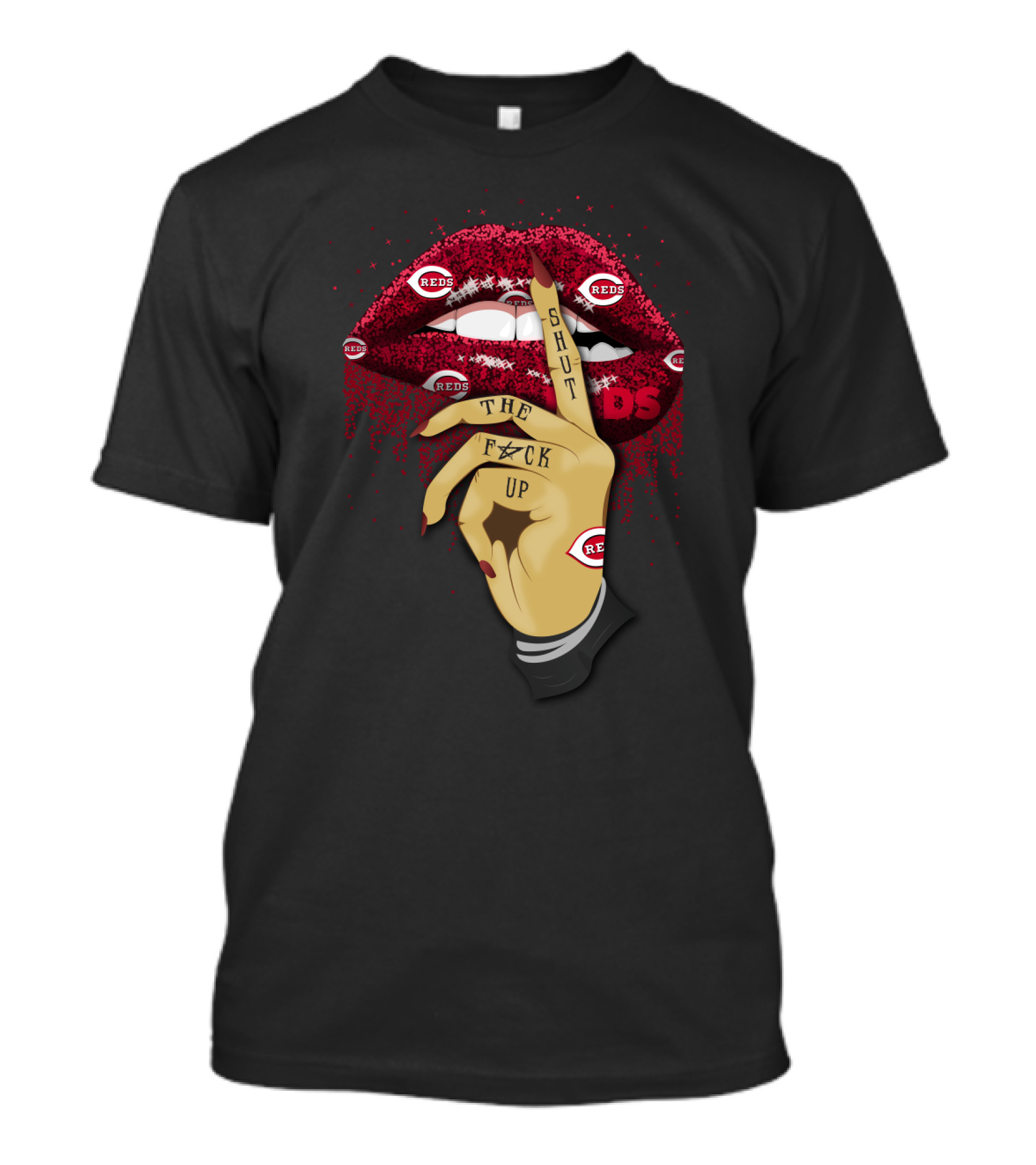 Cincinnati Reds Glitter Lip Shut Up Tattoo Fan T-Shirt