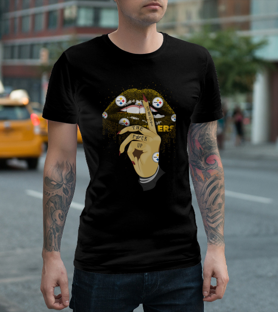 Shut Up Lip With Pittsburgh Steelers Logo And Hand Gesture T-Shirt