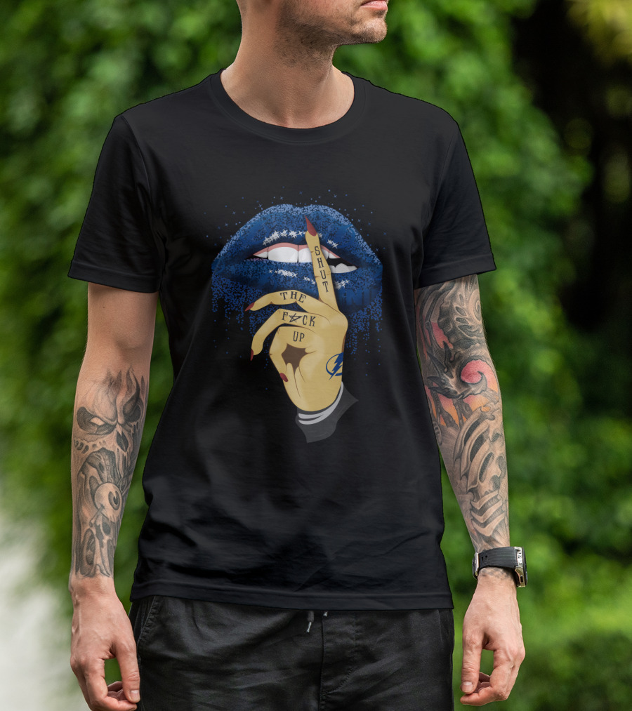 Tampa Bay Lightning Glitter Lips Shut Up Gesture Fan T-Shirt