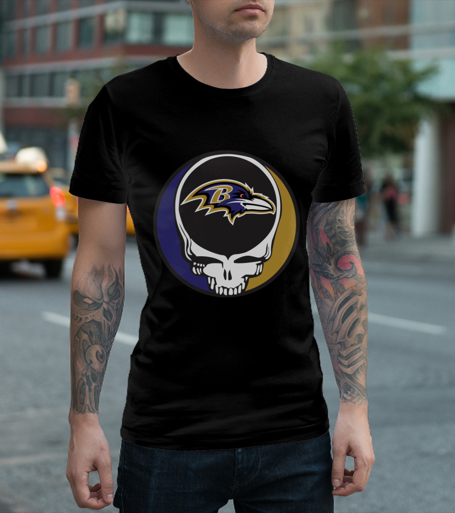 Grateful Dead Skull Logo With Baltimore Ravens Team T-Shirt