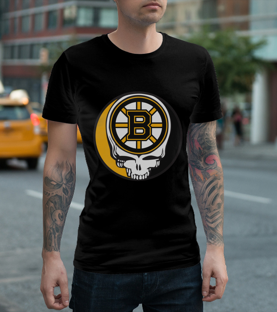 Boston Bruins and Grateful Dead Skull Logo Fusion T-Shirt