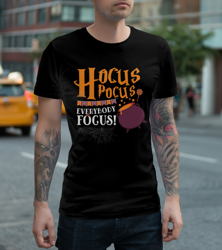 Hocus Pocus Everybody Focus Cauldron Banner Lollipop Spiderweb Halloween T-Shirt