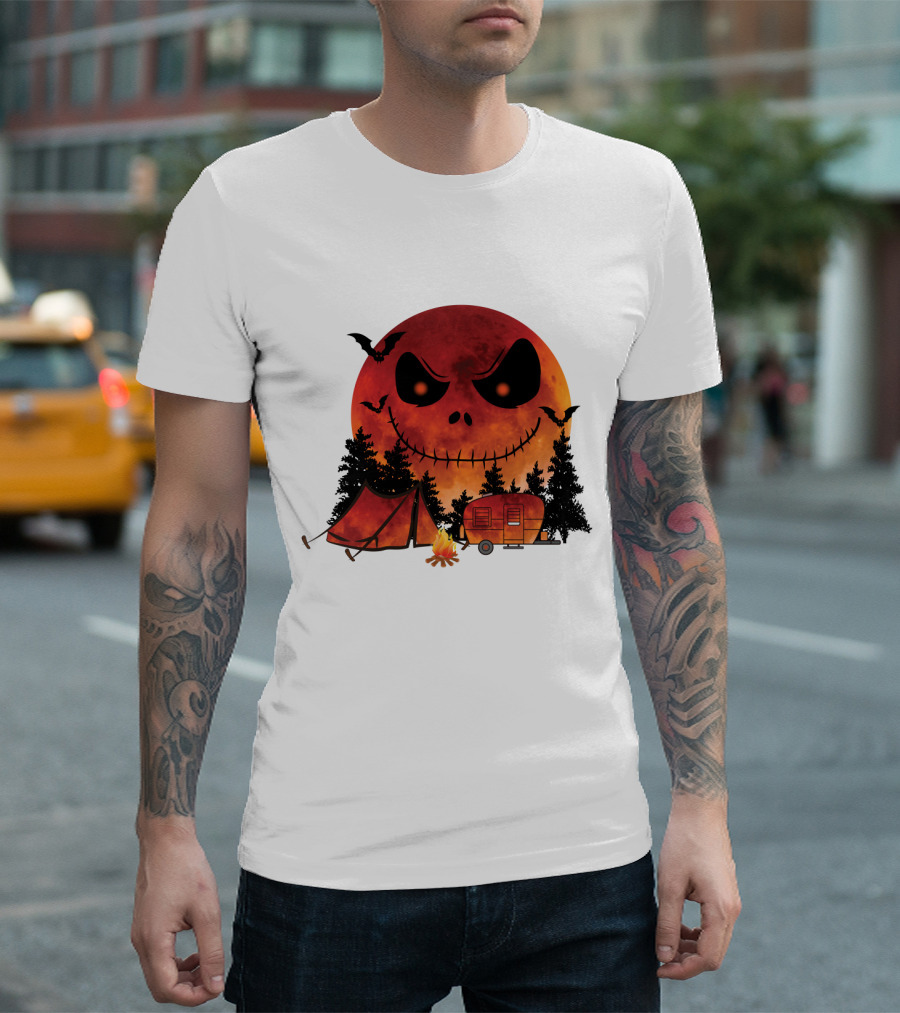 Jack Skellington Halloween Camping Under Blood Moon with Tent and Camper T-Shirt