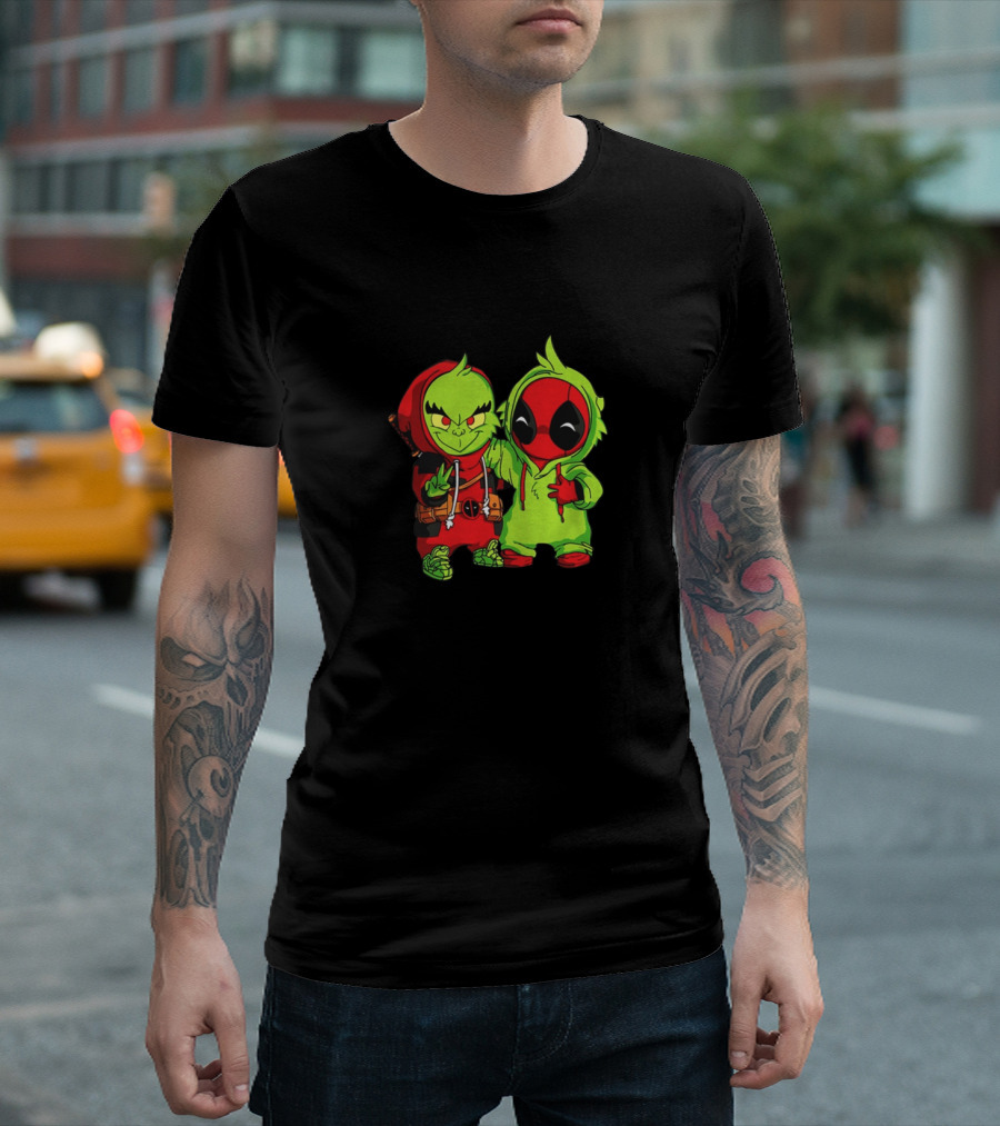 Baby Grinch and Baby Deadpool Crossover Cartoon Characters T-Shirt
