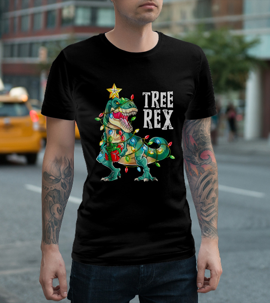 Tree Rex Dinosaur Christmas Lights With Gift And Star T-Shirt