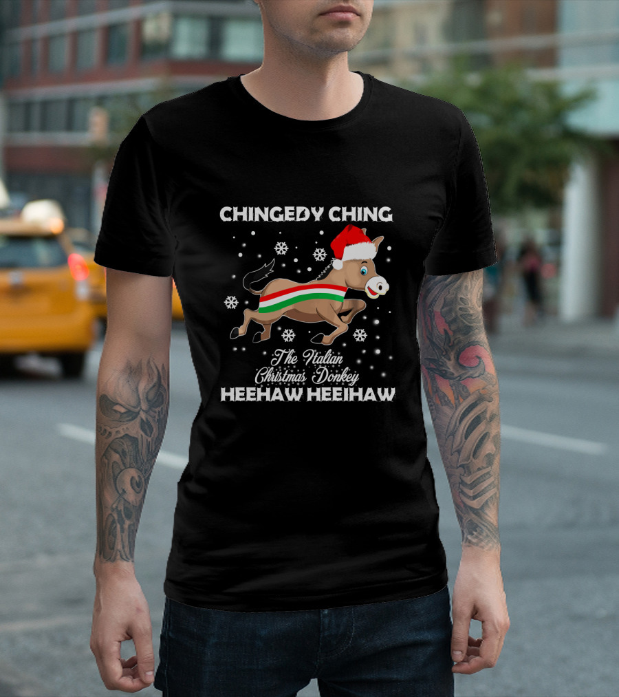 Chingedy Ching Heehaw Heehaw The Italian Christmas Donkey Santa Hat Snowflakes T-Shirt