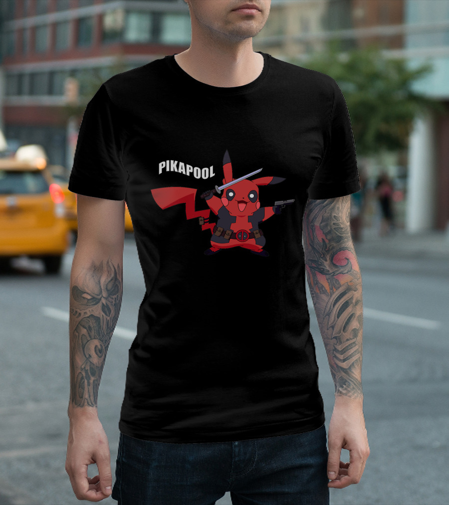 Pikapool Mashup: Funny Deadpool Pikachu with Sword and Gun T-Shirt